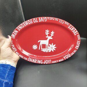 HALLMARK 12" Red White Cookie PLATTER REINDEER SHARING JOY Oval Christmas Plate